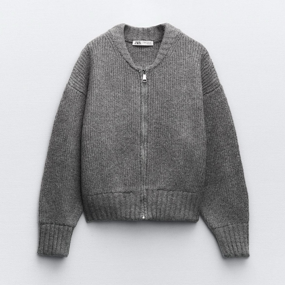 Zara Zippered Knit Bomber Cardigan- grey
